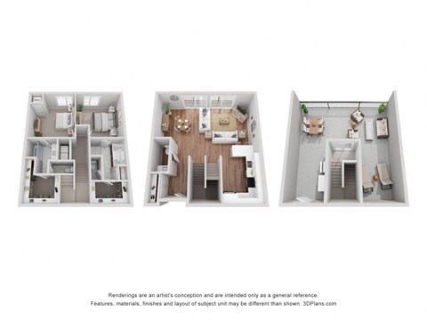 C6 – 2 Bed, 2.5 Bath (1,559 Sq. Ft.)
From the entry door on the lower level, to the left is the kitchen and dining area, followed by the living room and patio. Upstairs, from the landing, to the left is one bedroom with an attached bath, and to the right is the second bedroom with its own ensuite bathroom and close